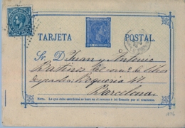 1876 , VALENCIA - BARCELONA , ENTERO POSTAL CIRCULADO , ED. 8 , ALFONSO XII , FRANQUEO COMPLEMENTARIO IMPUESTO DE GUERRA - 1850-1931