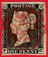 GBR SC #1 U (F,C) 1840 Queen Victoria 4-margins (very Close @ L) W/red MC Cancel CV $370.00 - Oblitérés