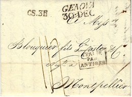 1824- Lettre De GENOVA / 30 DEC.  Pour Montpellier -taxe 14 D.  CS.3R  + ITALIE /PAR /ANTIBES - Marques D'entrées