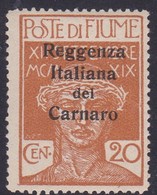 Fiume S 138 1920 Overprinted Reggenza Italiana Del Carnaro,20c Ocher, Mint Hinged - Fiume