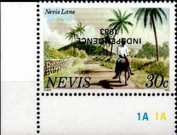 NEVIS 1983 Donkey Palm Trees 30c CORNER OVPT:Independence Imprint:1983 ERROR:INVERTED OVERPRINT - Esel
