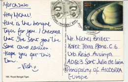 Solar System, Saturn Stamp On Nice Postcard From India, Sent To Andorra ! - Errors, Freaks & Oddities (EFO)