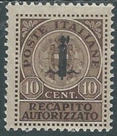 1944 RSI RECAPITO AUTORIZZATO 10 CENT MH * - RC11-10 - Posta Espresso