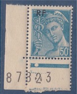 = Mercure Timbre Surchargé RF 50c Turquoise N°660 Neuf Coin De Feuille Numéroté - 1938-42 Mercure