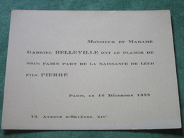 Faire-Part De Naissance De Pierre Fils De Mr Et Mme Belleville - 10, Avenue D'Orléans - Arrondissement: 14