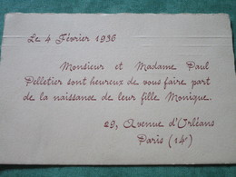 Faire-Part De Naissance De Monique Fille De Mr Et Mme Paul Pelletier - 29, Avenue D'Orléans - Arrondissement: 14