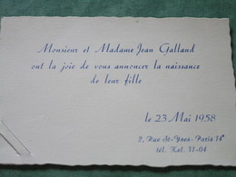 Faire-Part De Naissance De La Fille De Mr Et Mme Jean Galland - 2, Rue St-Yves - Arrondissement: 14