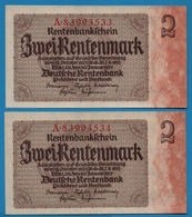 DEUTSCHES REICH 2 X 2 Rentenmark  	30.01.1937 # A.89993533+34 P# 174b	No Consécutifs - Sonstige & Ohne Zuordnung