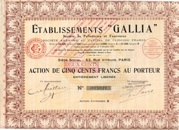 Titre Ancien - Etablissements "Gallia" - Société De Pelleteries Et Fourrures - Société Anonyme - Titre De 1929 - Textile