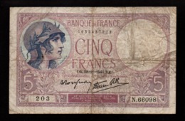 France - 1 Billet De 5 Francs - DK . 28 11 1940 . DK (verso Voir Scan) - 5 F 1917-1940 ''Violet''
