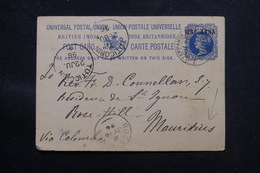 INDE - Entier Postal Type Victoria Surchargé, De Teppakulam Pour L 'Île Maurice En 1896 Via Colombo - L 59519 - 1882-1901 Keizerrijk