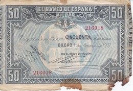 BILLETE DE ESPAÑA DE 50 PTAS DEL BANCO DE ESPAÑA-BILBAO DEL AÑO 1937 (BANCO DE VIZCAYA) - 25 Peseten