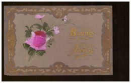 Fantaisie Celluloide Celluloid Cpa Carte Peinte à La Main Fleur Rose Bonne Année , Rehaussée De Dorure - Autres