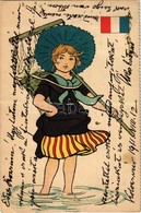 T3 1911 French Girl With Umbrella, French Flag. Litho Art Postcard (fa) - Unclassified