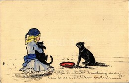 T2 1921 Young Girl With Cat And Dog. Hand-drawn Art Postcard - Unclassified