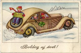 T2 1942 Boldog Újévet! / New Year Greeting Card, Children In Automobile, Clover - Unclassified