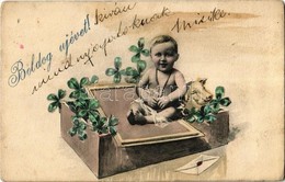 T2/T3 1905 Boldog Újévet! / New Year Greeting Card, Child With Pig And Clovers (fl) - Unclassified