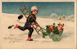 T2 1945 Boldog Újévet! / New Year Greeting Card, Chimney Sweeper With Pig, Ladder, Mushroom And Clover. Z.D.B. 4697. - Unclassified