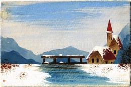 T2/T3 1935 Kézzel Festett Téli Tájkép Karácsonyi üdvözlőlapon / Hand-painted Winter Landcape, Christmas Greeting Card - Unclassified