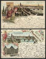 GERMANY: FRANKFURT: 2 Fantastic Lithograph Postcards (one With Defects, The Other One VF Quality), Used In 1897, Very Ni - Autres & Non Classés