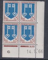 France N° 1469 XX Armoiries : Mont-de-Marsan En Bloc De 4 Coin Daté Du 14 . 1 . 66  : 3 Points Blancs Sans Charnière, TB - 1960-1969