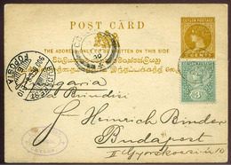CEYLON 1900. Dekoratív, Kiegészített Díjjegyes Levlap Budapestre Küldve - Ceylon (...-1947)