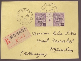 Monaco Devant De Lettre Paire N°50 Avec Millesime 0 Timbre Surchargé 28 Decembre 1920 Pli Recommandé Cachet Monaco 1922 - Cartas & Documentos