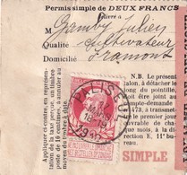 DDX 034 -- Permis De Peche 2 Francs TP Grosse Barbe 74 PALISEUL 1910 - Volantini Postali