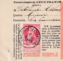 DDX 035 -- Permis De Peche 2 Francs TP Grosse Barbe 74 LA LOUVIERE (Station) 1910 - Volantini Postali