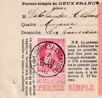 DDX 035 -- Permis De Peche 2 Francs TP Grosse Barbe 74 LA LOUVIERE (Station) 1910 - Postkantoorfolders