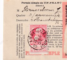 DDX 039 -- Permis De Peche 1 Franc TP Grosse Barbe 74 LIEGE (St Léonard) 1910 - Post Office Leaflets