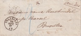 DDX 040 -- Lettre Non Affranchie BRUXELLES 1867 Vers L' Impasse Beersel En Ville - Taxée 2 Décimes - Inconnu, Facteur 30 - Autres & Non Classés