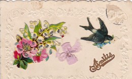 AK Amitié - Aufgeklebte Blumen Schwalbe Stoffschleife - Reliefdruck - Ca. 1910 (49620) - Autres & Non Classés