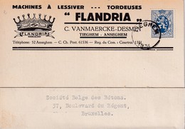DDX 069 --  Carte Privée TP Lion Héraldique TRES RARE Cachet Centre Vide TIEGHEM 1934 - Machines à Lessiver Flandria - 1929-1937 Leone Araldico