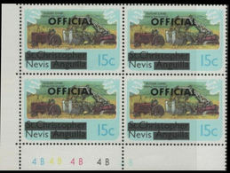 NEVIS 1980 Sugar Cane Tractor Agriculture 15c CORNER 4-BLOCK OVPT.OFFICIAL - Agriculture