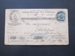 AD Württemberg 1894 Postanweisung Umschlag U 41 (?!) Strempel K1 Esslingen Bahnhof Rücks. Eschenau - Postwaardestukken