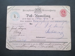 AD Braunschweig 1867 Postanweisung Blauer Stempel K2 Braunschweig Nach  Stadtoldendorf Mit Schw. Ank. Stadtoldendorf - Brunswick