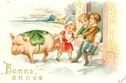 Relief - Gaufrée - Embossed  - Prage - Cochon + 3 Enfants - TBE - Superbe - Pigs