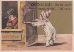 CHROMO Dorée Chocolat Ibled - Pierrot Cède à La Tentation -Concierge Endormi Cage Oiseau Perroquet (lot Pat 109/1) - Ibled