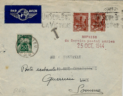 25-10-1944 - TUNIS-FRANCE  REPRISE/ Du Service Postal Aérien   -avec Taxe De Poste Restante - Posta Aerea