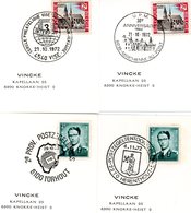 (0126) 4 Cachets Spéciaux 1972 Clubs Philatéliques : Marchienne-au-Pont - Visé - Torhout - Herenthout - Documents Commémoratifs