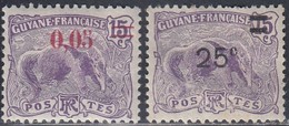 French Guiana, Scott #97, 100, Mint Hinged, Great Anteater Surcharged, Issued 1922-24 - Neufs