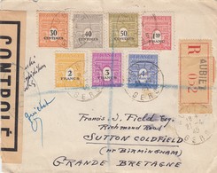 LETTRE. 21 4 45. ARC DE TRIOMPHE 7 COULEURS. RECOMMANDE AUBIET GERS. POUR SUTTON GRANDE-BRETAGNE. BANDE CENSURE - 1944-45 Arc De Triomphe