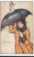 Busi Adolfo Illustrateur Italien 1920 Cupidon Accompagnant  La  Femme Au Parapluie Ouvert - Busi, Adolfo