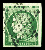 O N°2b, 15c Vert-foncé Obl étoile Centrale, Belles Marges Avec Voisin. SUPERBE (signé Calves/Brun/certificat)  Qualité:  - 1849-1850 Ceres