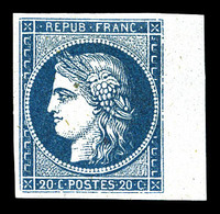 * N°8b, Non émis: 20c Bleu Sur Azuré, Bord De Feuille Latéral Droit, Fraîcheur Postale. SUP. R.R. (signé Brun/certificat - 1849-1850 Ceres