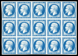 ** N°10c, 25c Bleu, Impression De 1862 En Bloc De 15 Exemplaires (2ex*), Fraîcheur Postale. SUPERBE. R.R. (certificat)   - 1852 Luis-Napoléon