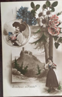 Cpa, Fantaisie, Souvenir D'Alsace, Montage Alsacienne En Médaillon Et Sur Plan Large Avec Paysage Et Fleurs Marguerites - Saluti Da.../ Gruss Aus...