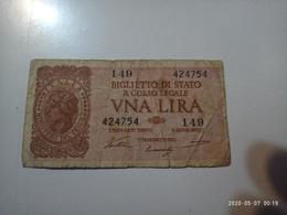 1 Banconota Biglietto Di Stato UNA LIRA Italy ITALIA 1944 Ministero Tesoro 8x4 Cm - Other & Unclassified