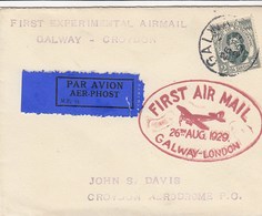 Ireland To GB Air Cover 1929 First Experimental Fly Galway-Croydon RR - Posta Aerea